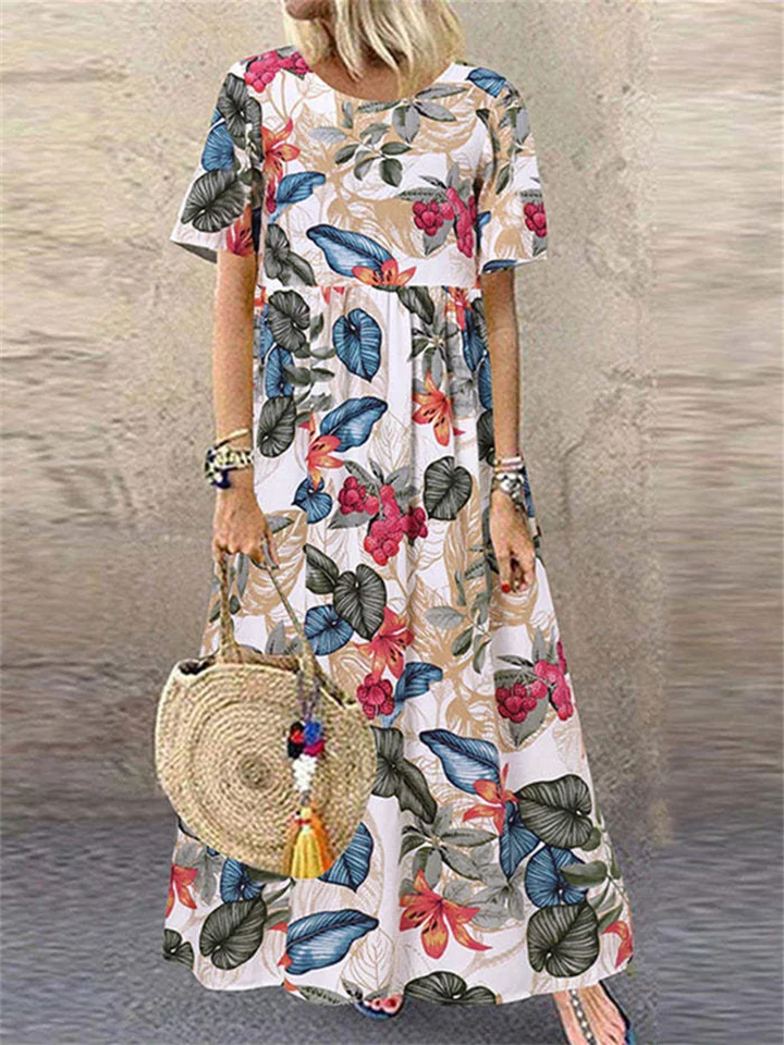 Summer New Long Dress Round Neck Casual Women's Retro Floral Print Loose Short-sleeved Commuter Style Dress-JRSEE