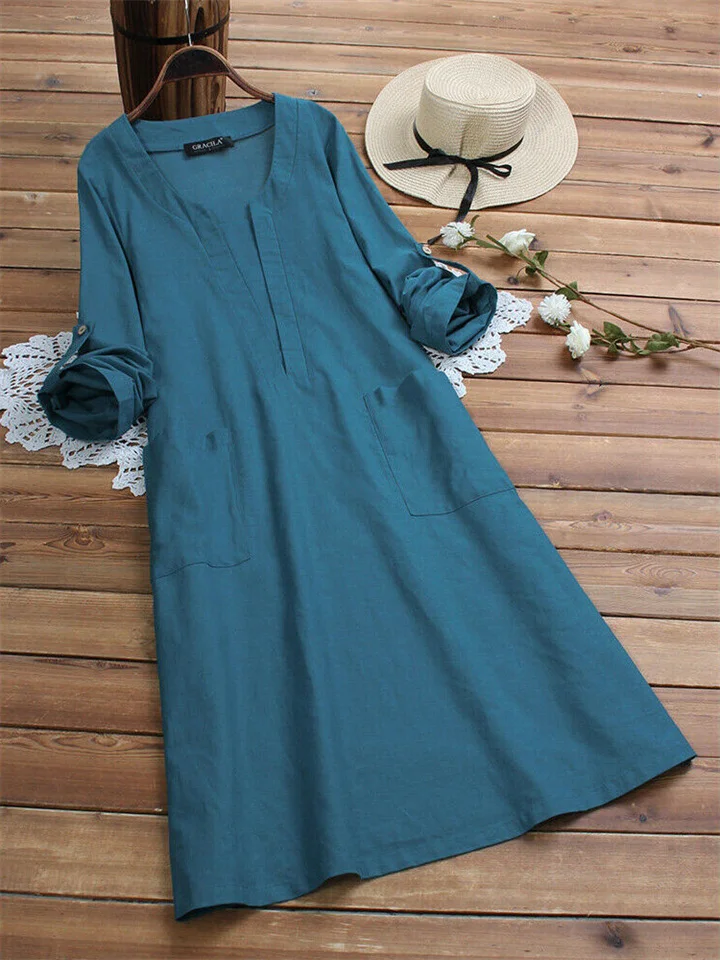 Women's Casual Dress Cotton Dress Midi Dress Cotton Basic Casual Outdoor Daily Vacation V Neck Pocket Long Sleeve Summer Spring Fall 2023 Loose Fit White Blue Plain M L XL 2XL 3XL-JRSEE