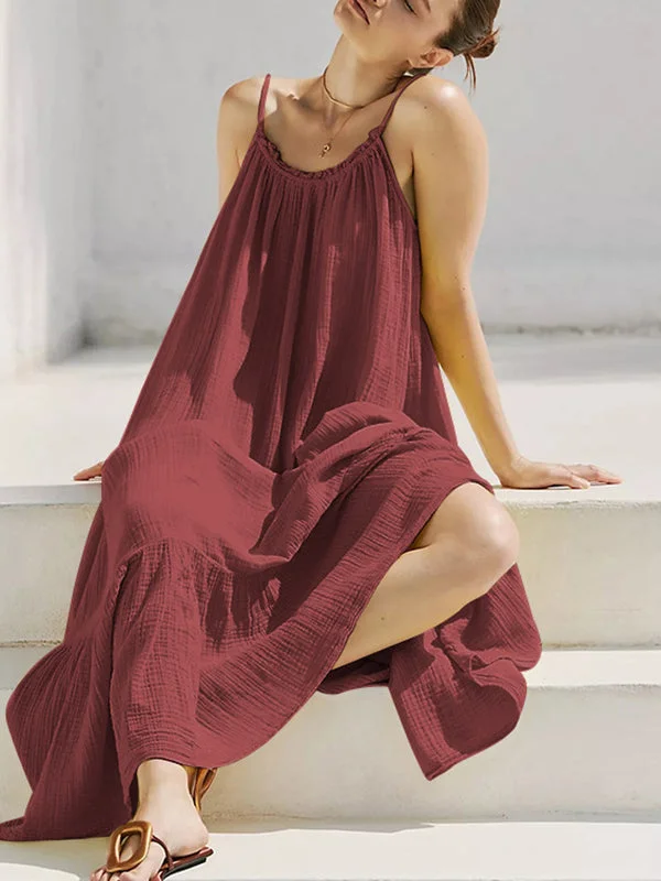 Pleated Pure Color Split-Joint A-Line Roomy Round-Neck Slip Dress Midi Dresses