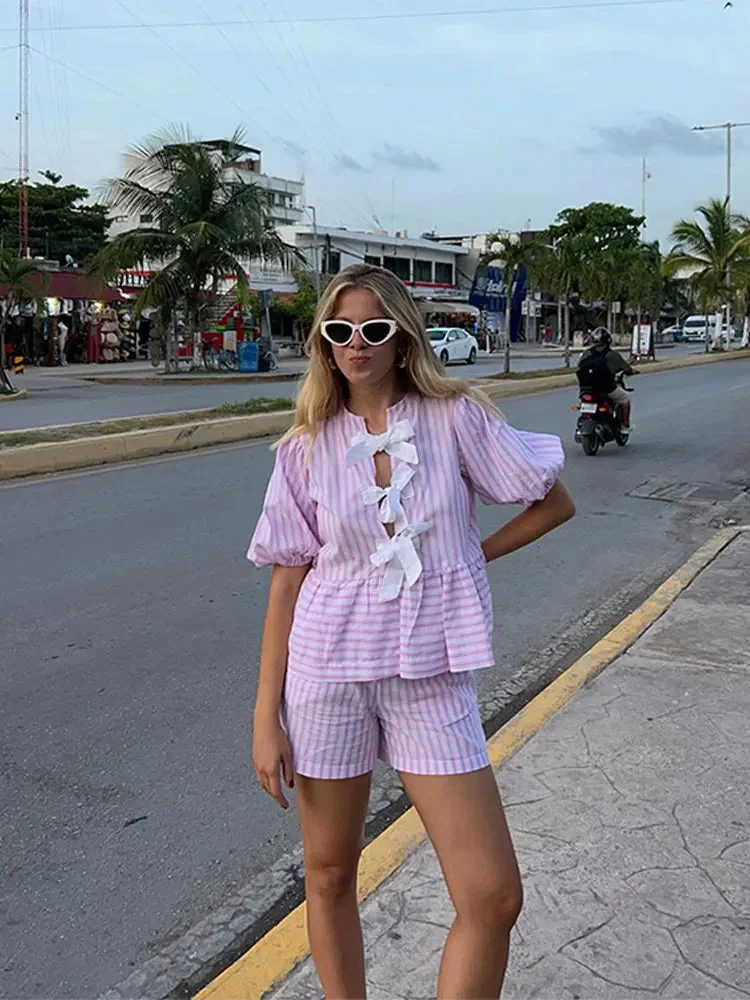 Tlbang Sleeve Striped Shirt & Short Pants 2 Piece Sets Women Bow Lace Up Hollow Tops High Waist Pant Suit Lady Beachwear Outfits