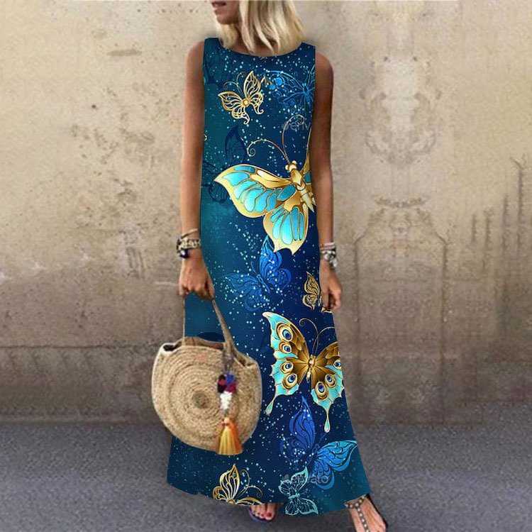 Butterfly Print Crew Neck Casual Sleeveless Dress