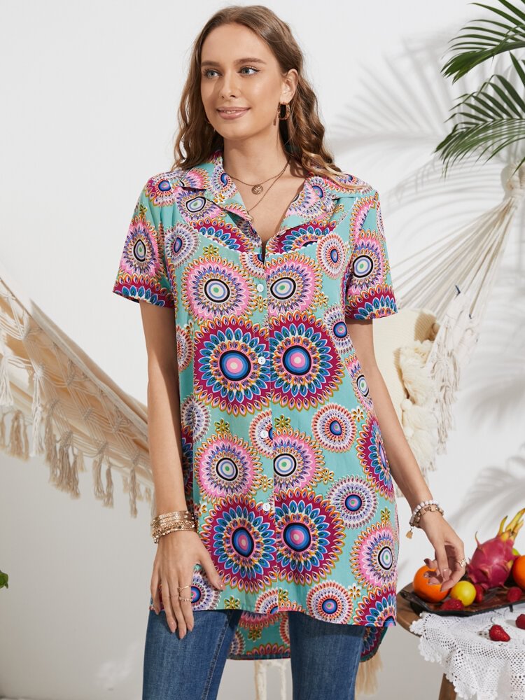 Vintage Print Lapel Short Sleeve Long Shirt for Women P1845169