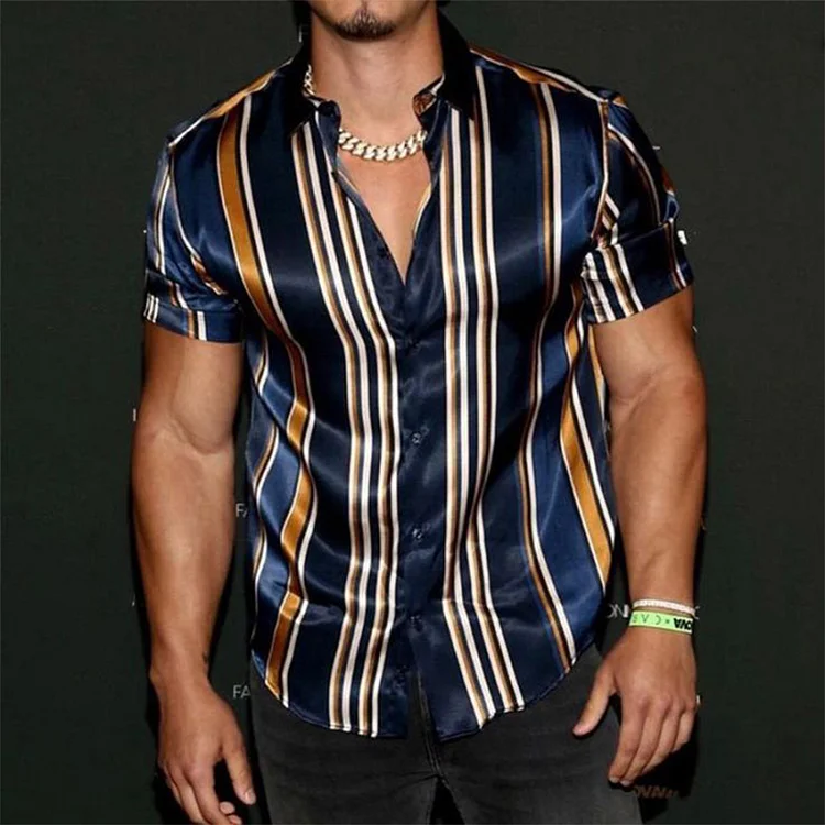 Men's fashion silky striped short sleeve shirt