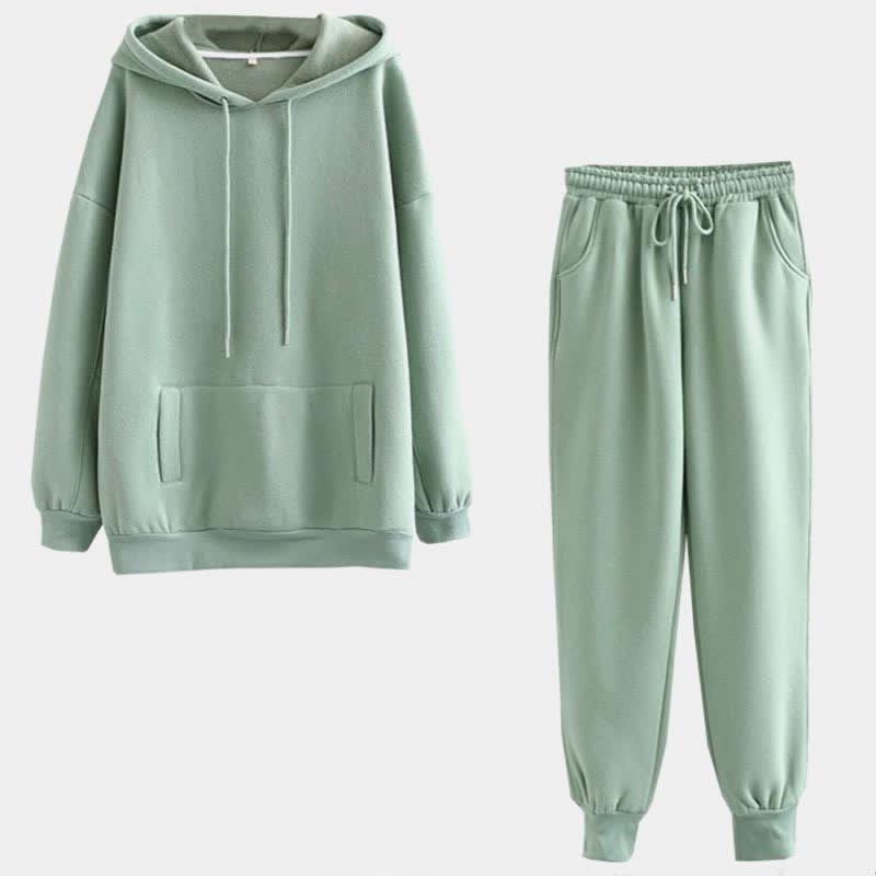 Casual Pure Color Draw String Hoodie Pants Set