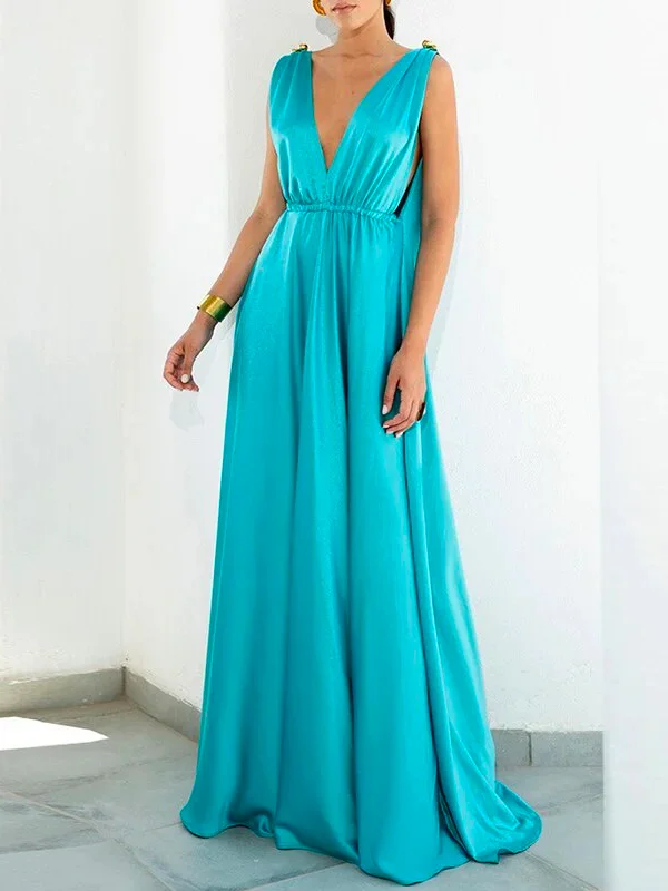 Sleeveless Pure Color V-Back Deep V-Neck Maxi Dresses
