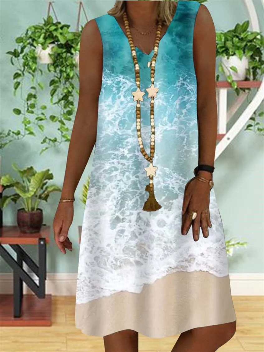 Women's Loosen Vacation Sleeveless V-neck Printed Midi Dress
