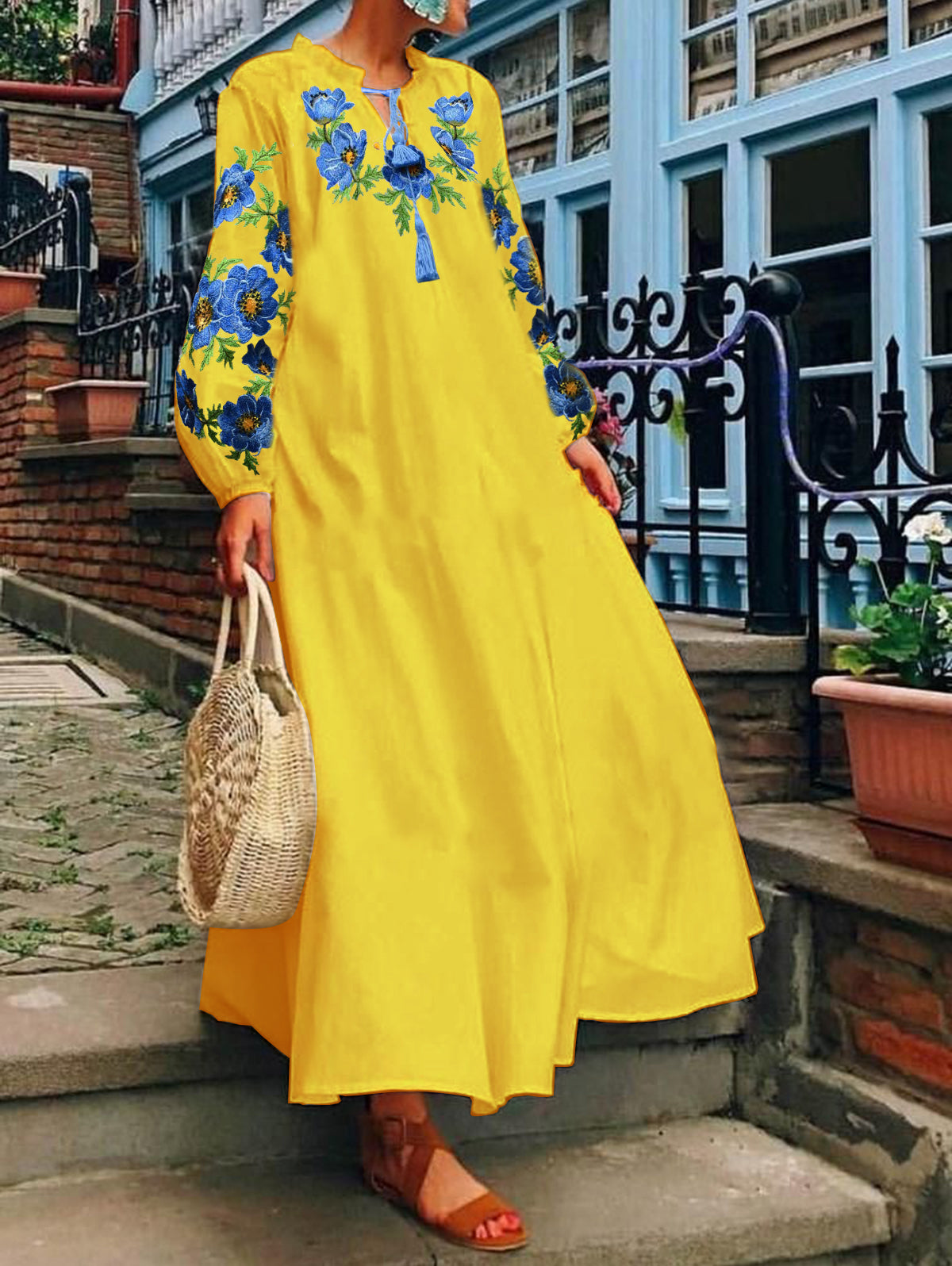 UR Peasant Sleeve Tassel Front Floral Midi Dress