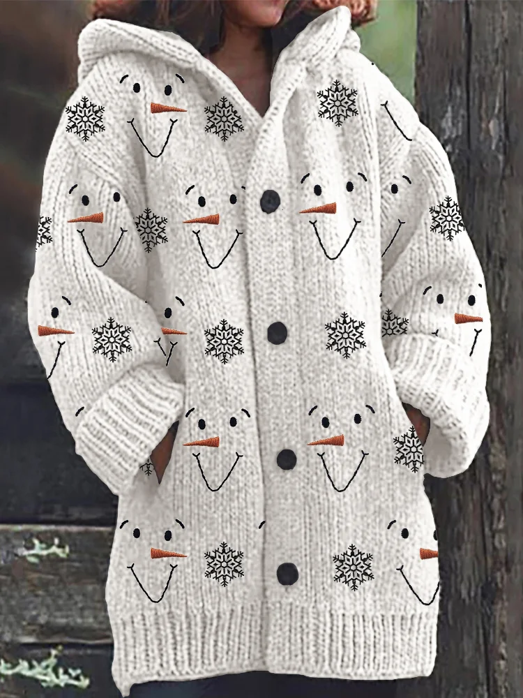 VChics Snowman Faces & Snowflakes Embroidery Pattern Cozy Hooded Cardigan
