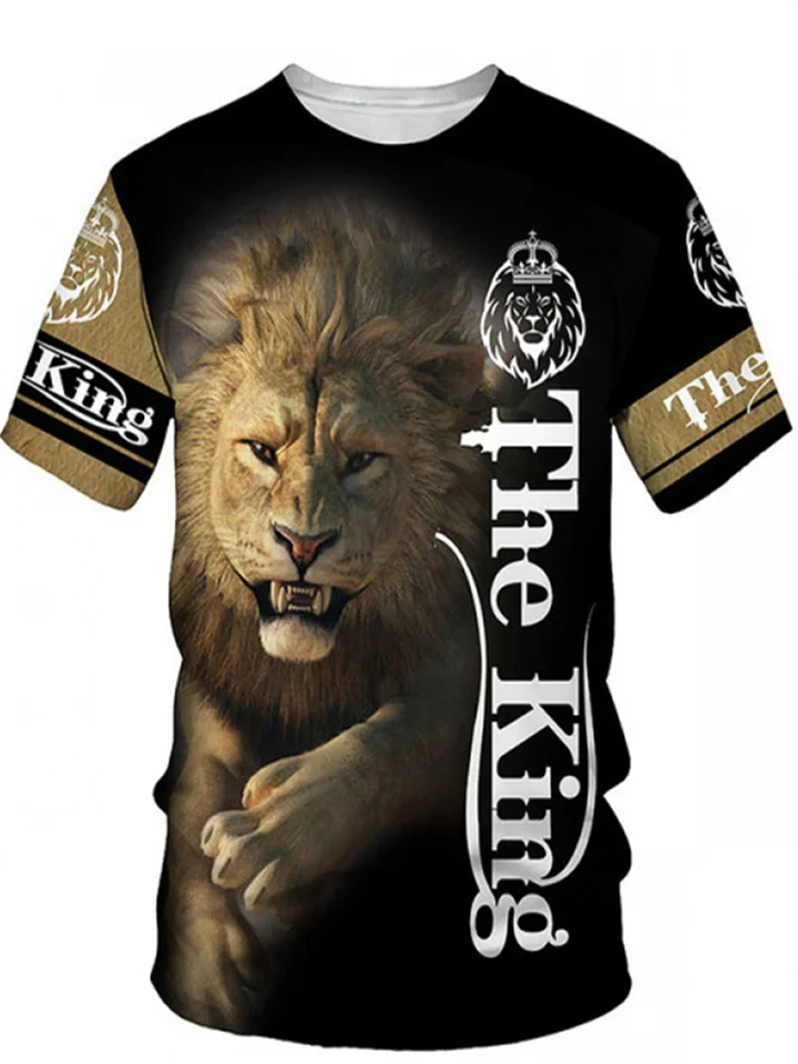 Men's Lion King 3D Digital Printing T-shirt Summer New Round Neck Short-sleeved Clothes Casual Animal Pattern T-shirt-JRSEE