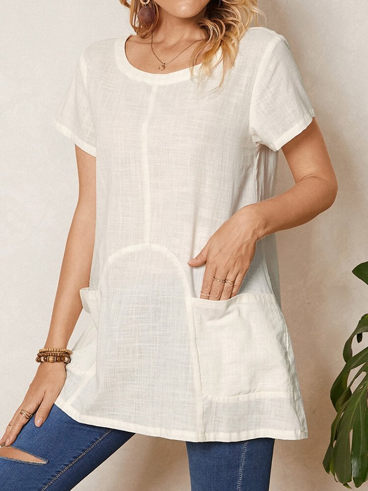 Solid Color O neck Pocket Short Sleeve Vintage T shirt P1857584