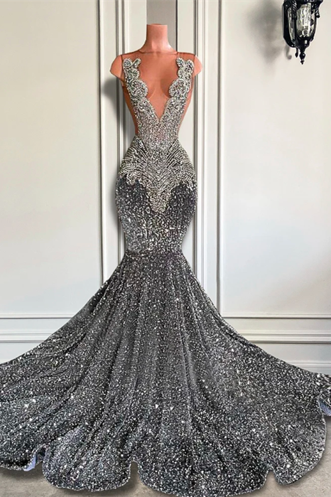 Luluslly Gray Mermaid Sequins Prom Dress Sleeveless Long With Crystals