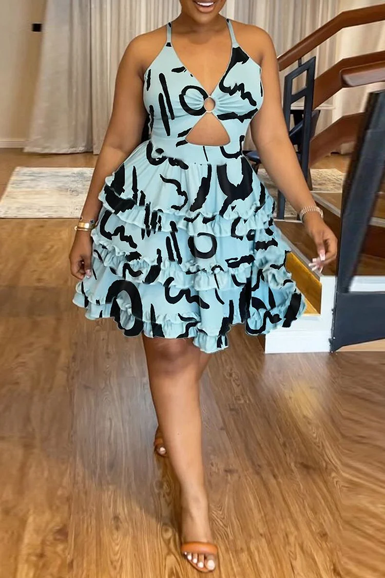 Doodle Print Cut Out Halter Backless A-Line Tiered Ruffled Vacation Mini Dresses