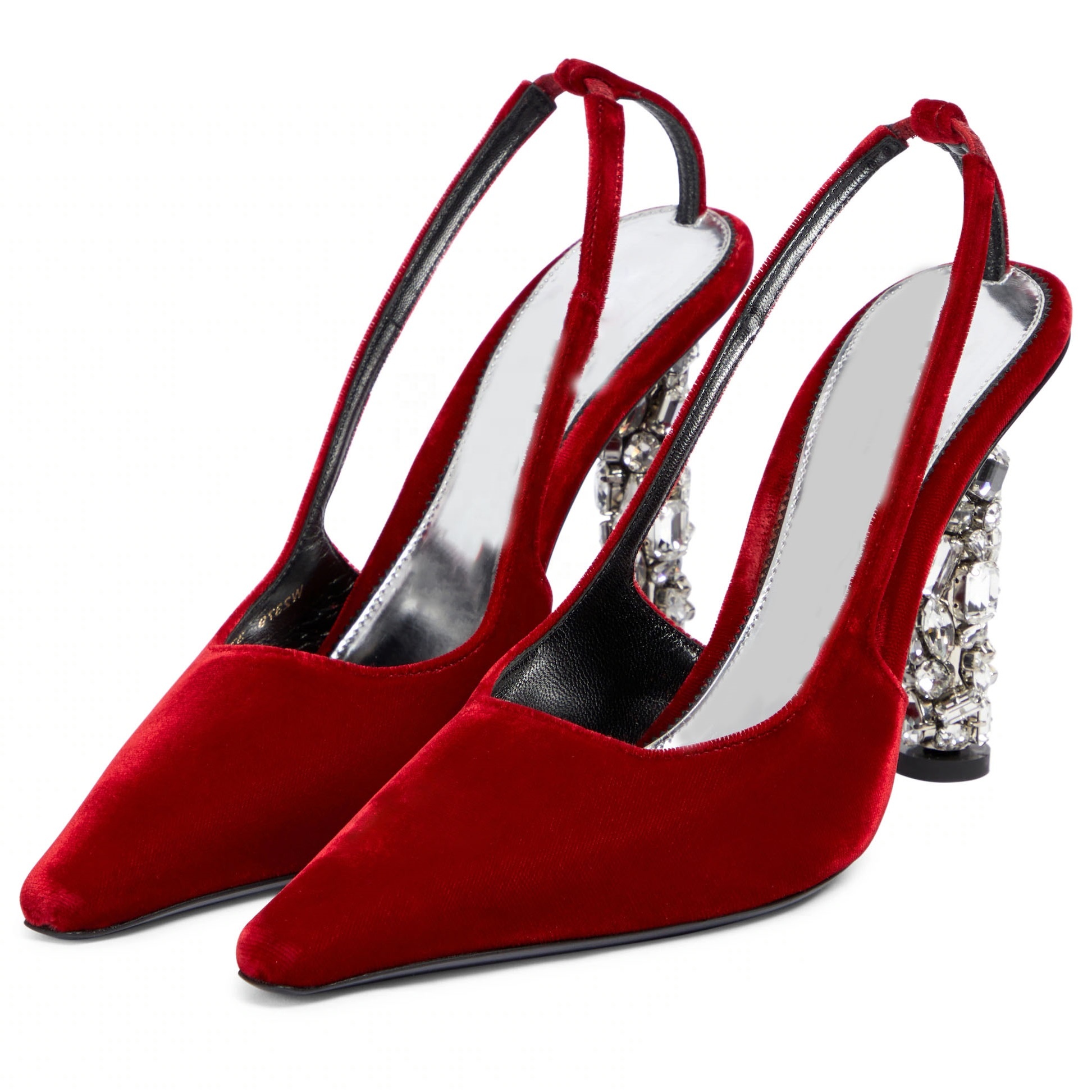 TAAFO Royal Red Velvet Diamond Heel Pumps Shoes For Women