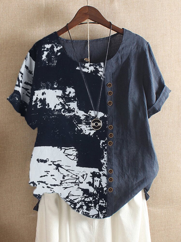Button Print Patchwork Short Sleeve T shirt For Women P1541081