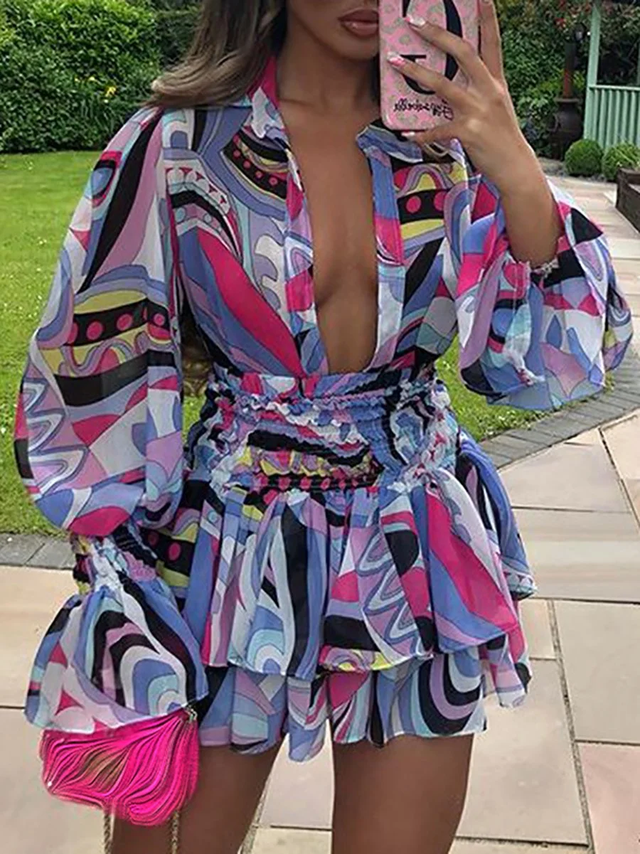 Sexy V-Neck Balloon Sleeve Mini Print Dress