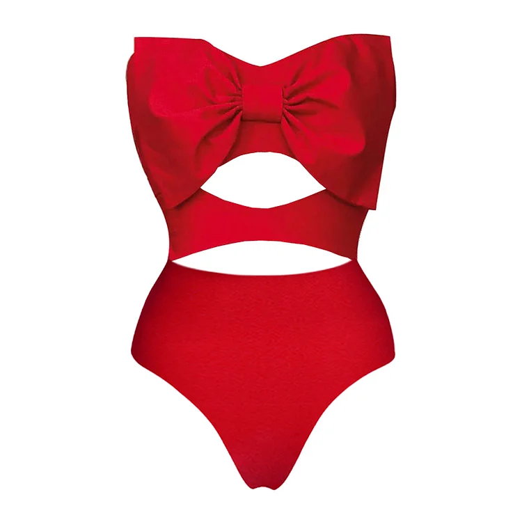 Bow-embellished Cutout Red One Piece Swimsuit and Skirt Flaxmaker