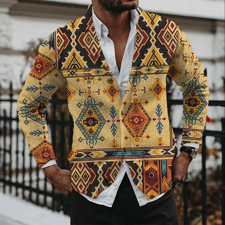 Men's Casual Ethnic Retro Print Knitted Button Cardigan