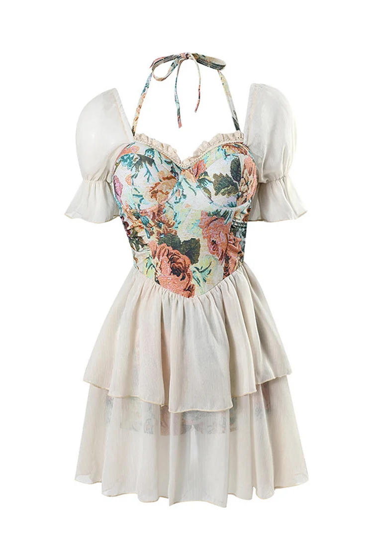 1950s White Casual Mesh Halter Puff Sleeve Floral Print One-piece Swimsuit