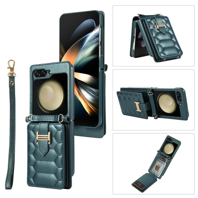 Crossbody Lanyard Folio Leather Phone Case With Wrist Strap And Card Slots For Samsung Z Flip3/Flip4/Flip5