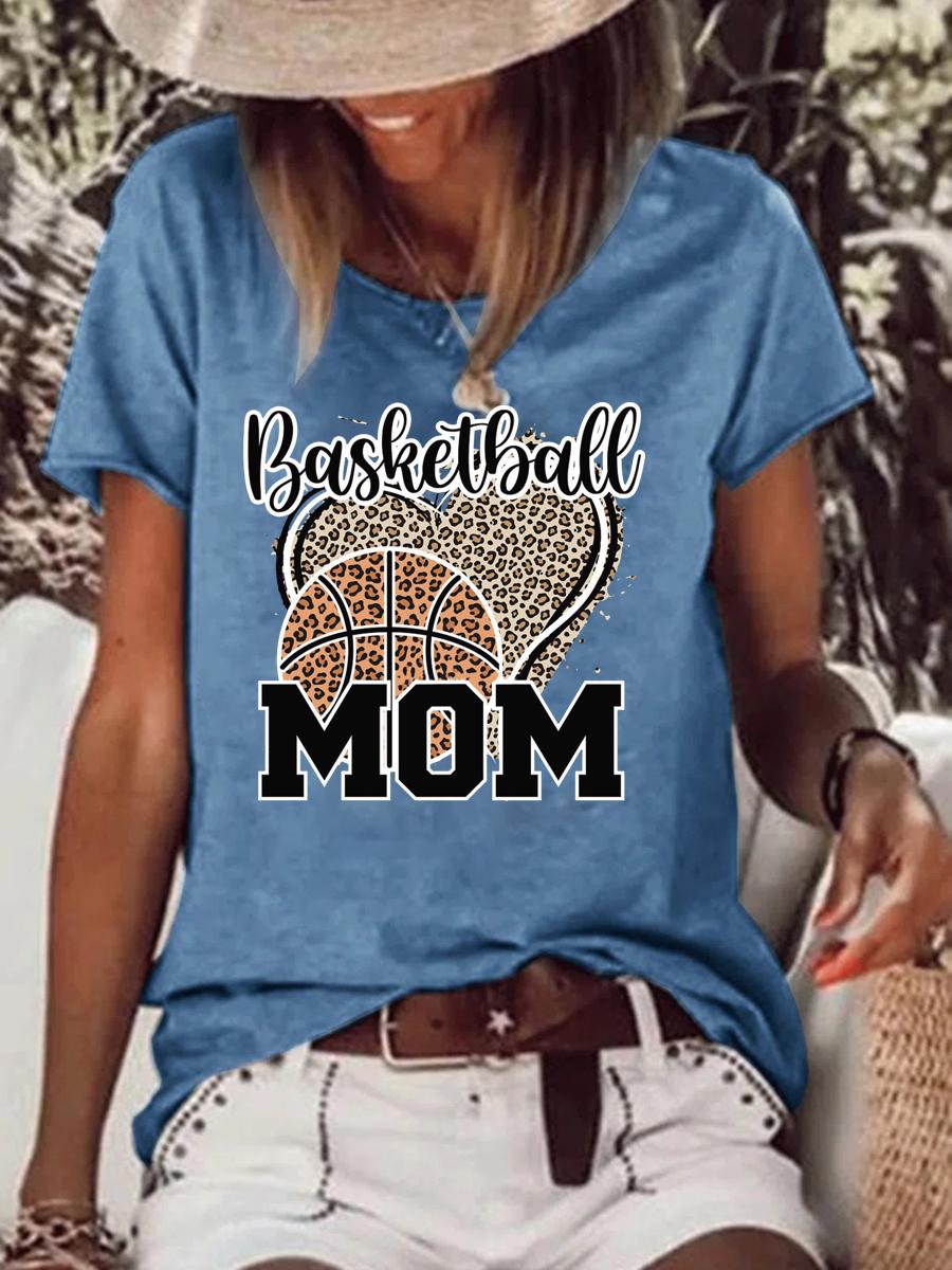 Basketball Mom Love Heart Leopard Print Raw Hem Tee-Guru-buzz