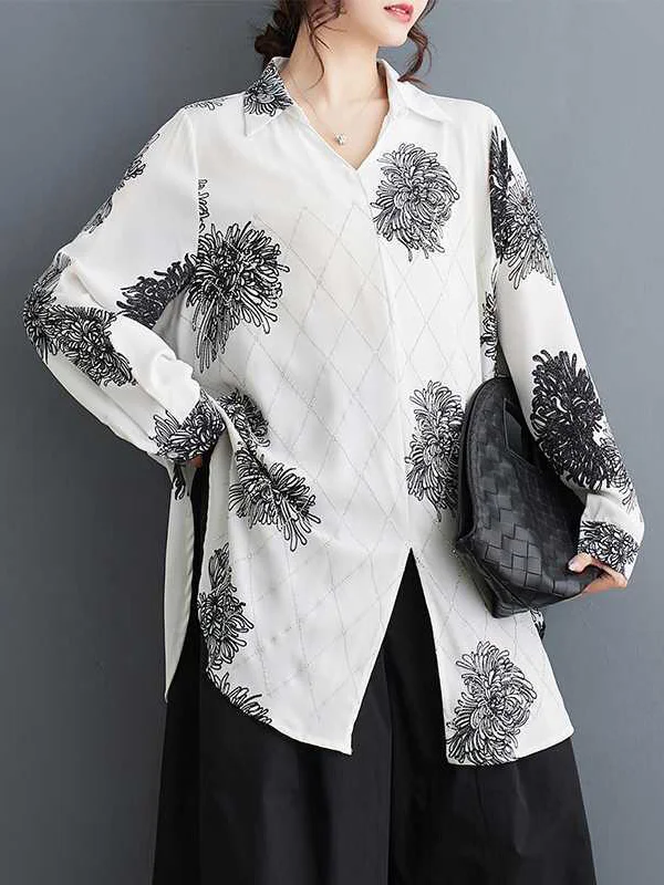 Buttoned Flower Print Pleated Split-front Long Sleeves Loose Lapel Blouses&shirts Tops