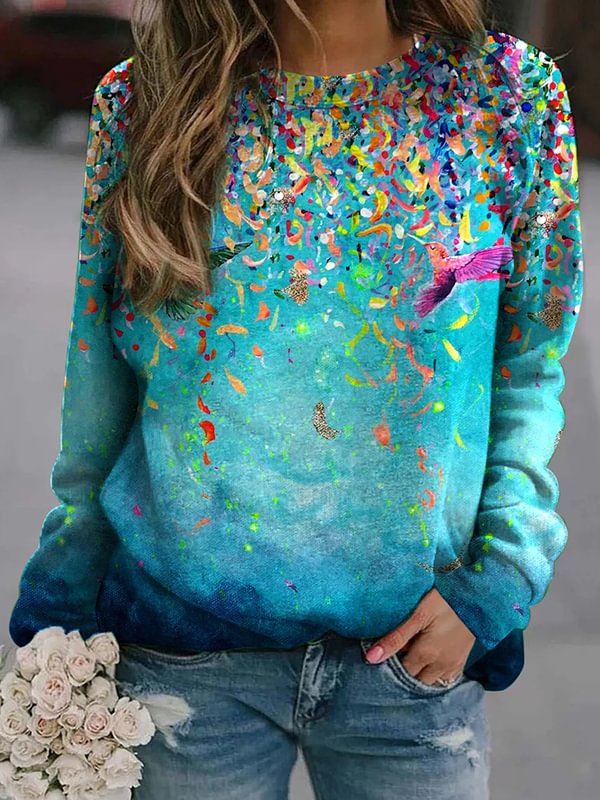 Hummingbird And Flower Print Casual Sweatshirt