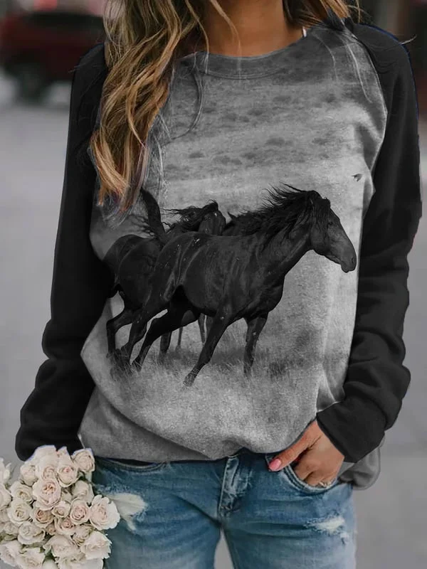 Desert Horse Galloping Printed Crew Neck Long Sleeve Sweatshirt