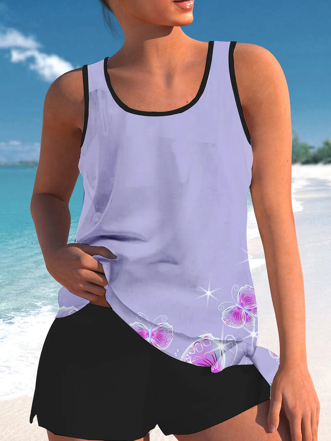Bowknot Purple Graphic Printed Mid Waisted Tankini Set - Plus Size Available
