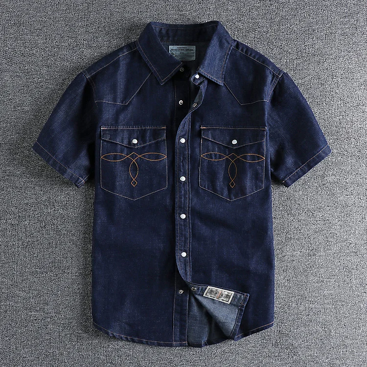 Vintage Washed Distressed Topstitched Pocket Denim Short-Sleeved Shirt