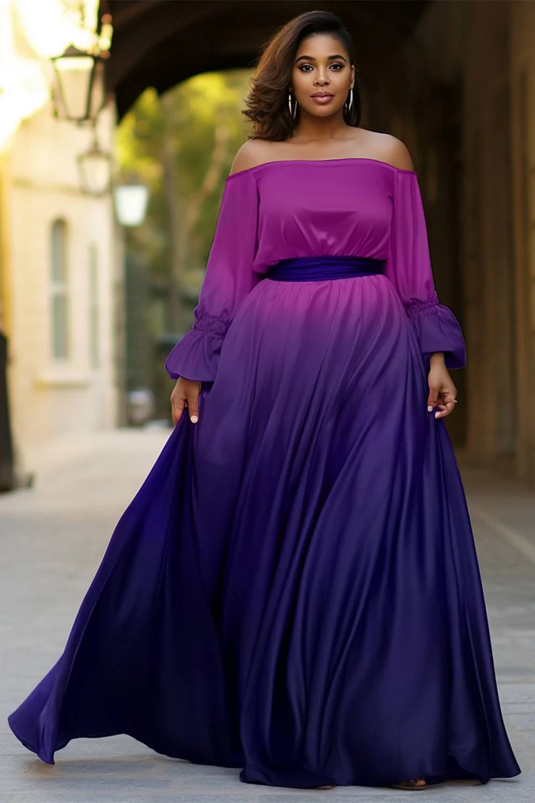 Plus Size Semi Formal Maxi Dresses Elegant Purple Tie Dye Fall Winter Off The Shoulder Long Sleeve Knitted Maxi Dresses [Pre-Order]