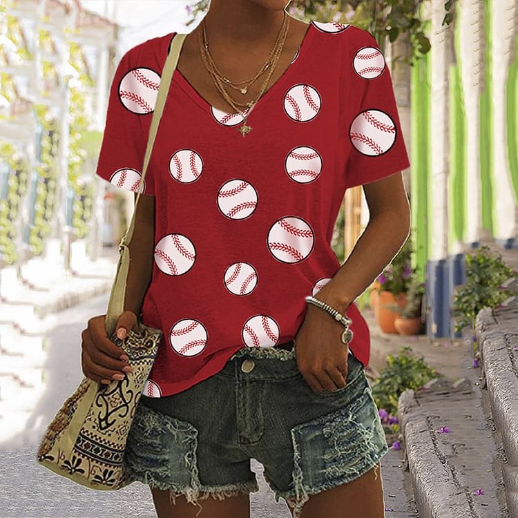 Comstylish Baseball Print V-Neck Short Sleeve T-Shirt