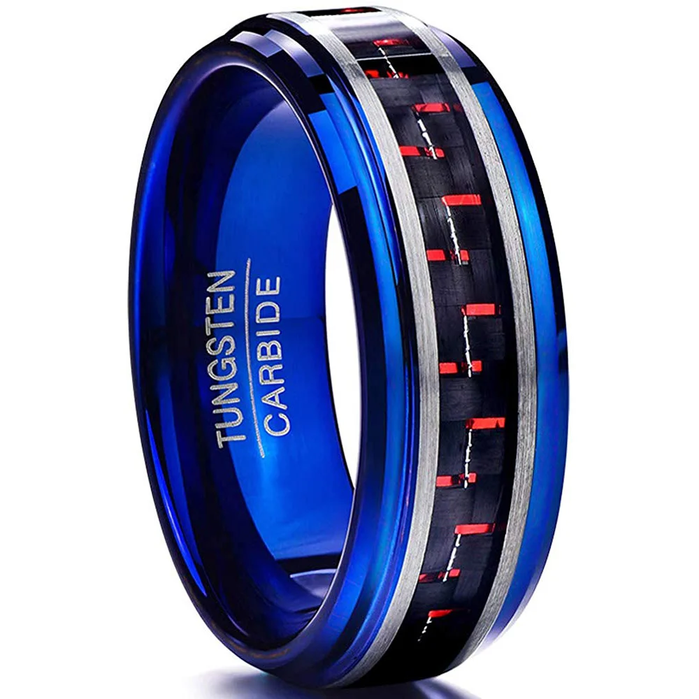 4MM 6MM 8MM 10MM Mens Women Black and Red Carbon Fiber Tungsten Ring for Men Womens Blue Plated Couple Wedding Band Brushed Finish Rings