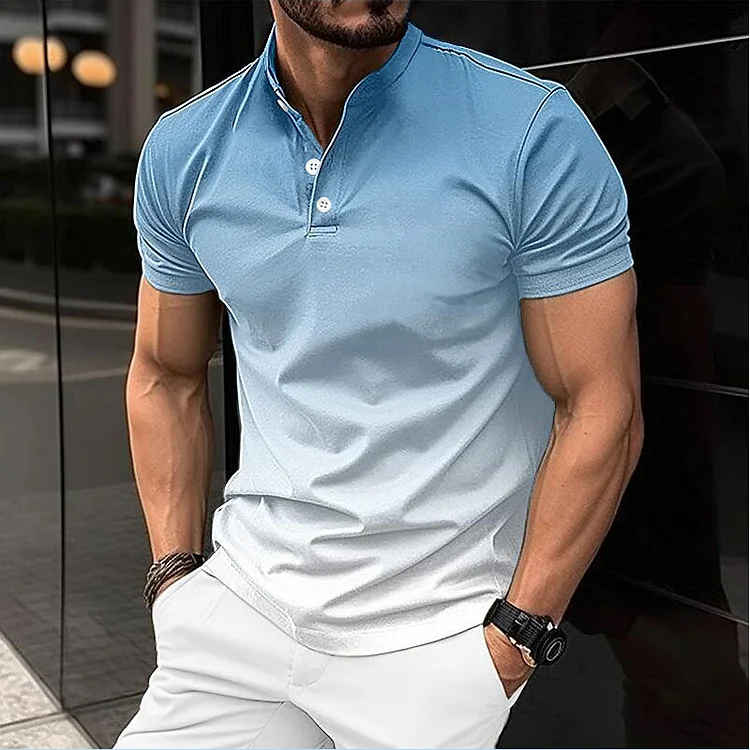 Men's Stand Collar Gradient Casual Short Sleeve Golf Henley Shirt socialshop