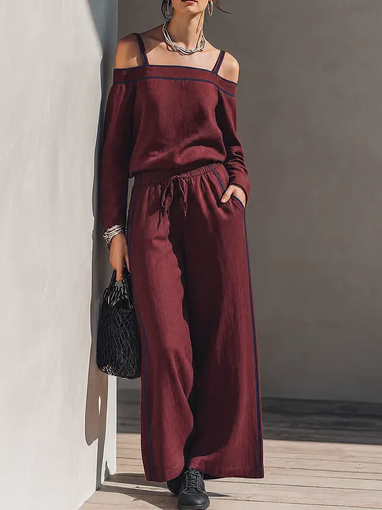 Women's Minimalist Solid Burgundy Linen-Blend Off-Shoulder Top & Wide-Leg Pants Set MD
