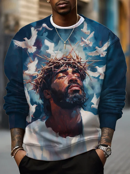 Men's Black Jesus Dove Print Casual Sweatshirt