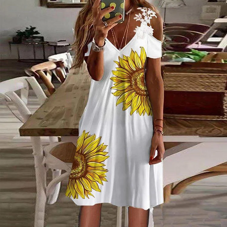 Casual Off Shoulder Sunflower Printed Midi Dress