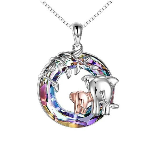 Tree-elephant Necklace Colorful Crystal Winding Pendant Tree of Life Gradient Elegant Gorgeous Necklace Gifts for Dad Mom Daughter Son Grandparents Gifts for Family