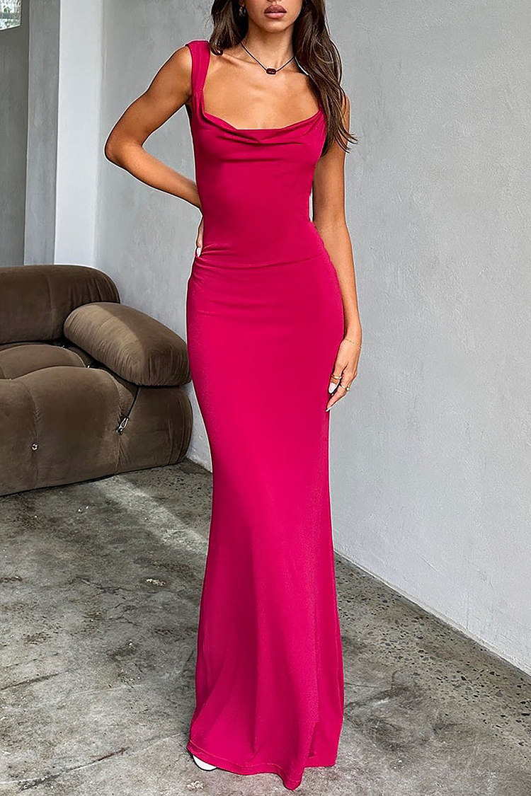 Cowl Neck Backless Slim Fit Sleeveless Maxi Dresses-Pink