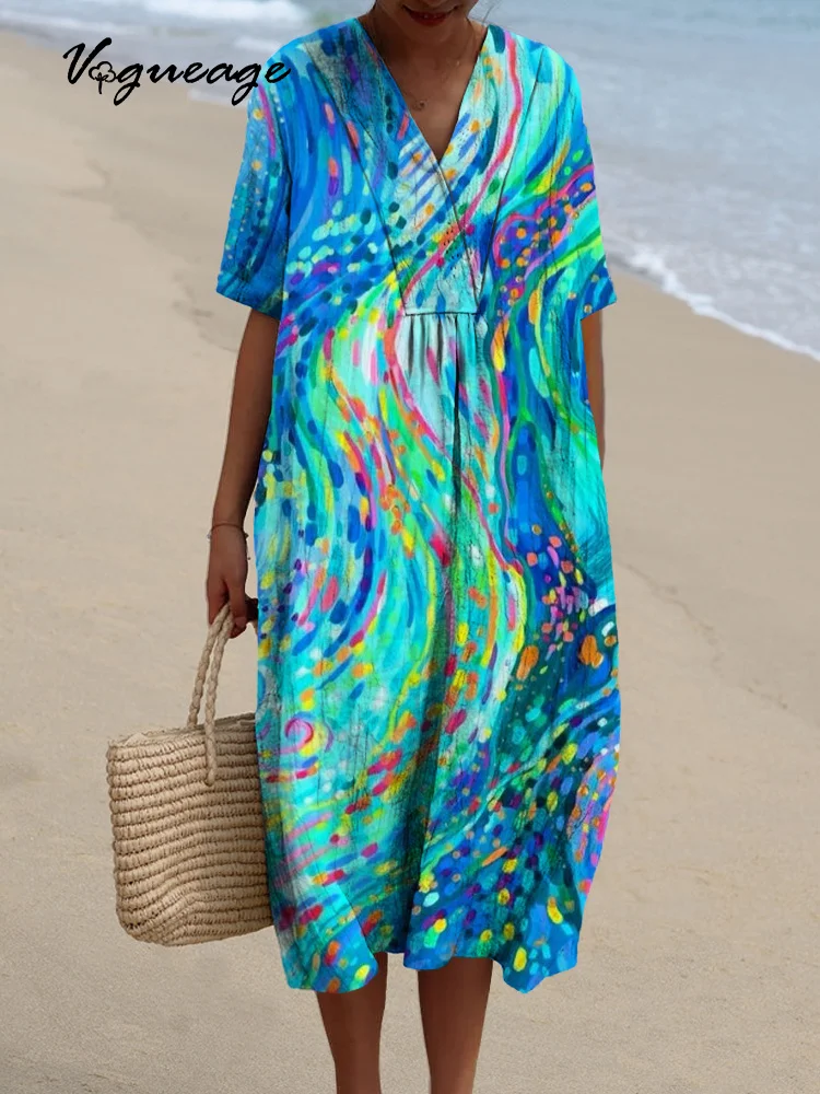 Bright Vivid Abstract Watercolor Spots Printed Women's Casual Cotton And Linen Dress