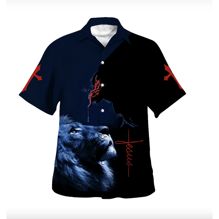 BrosWear Cross Lion Print Short Sleeve Shirt