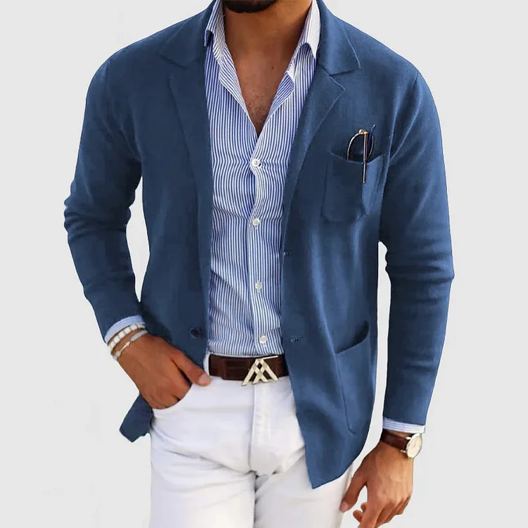 Men's Casual Button Pocket Notch Lapel Solid Long Sleeve Knit Jacket