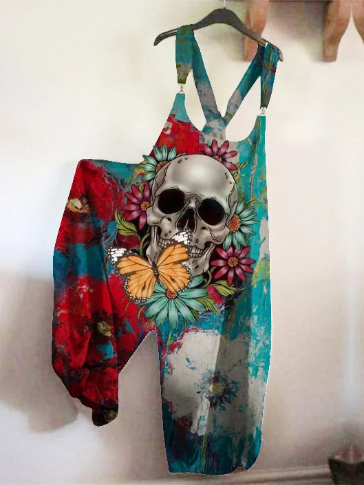 Retro Butterfly Floral Skull Punk Jumpsuit Overalls