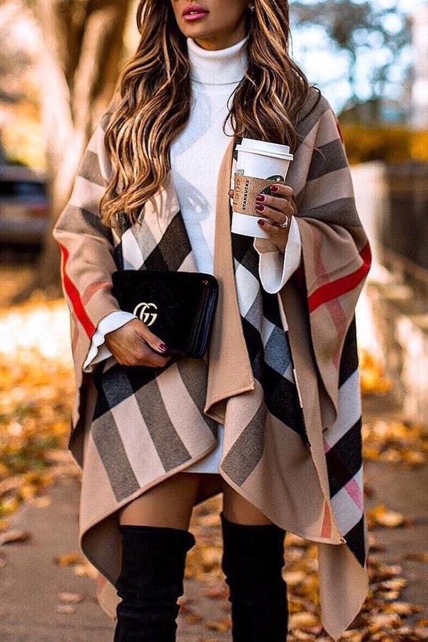 Split Sleeve Tartan Knee-Length Coat P15435