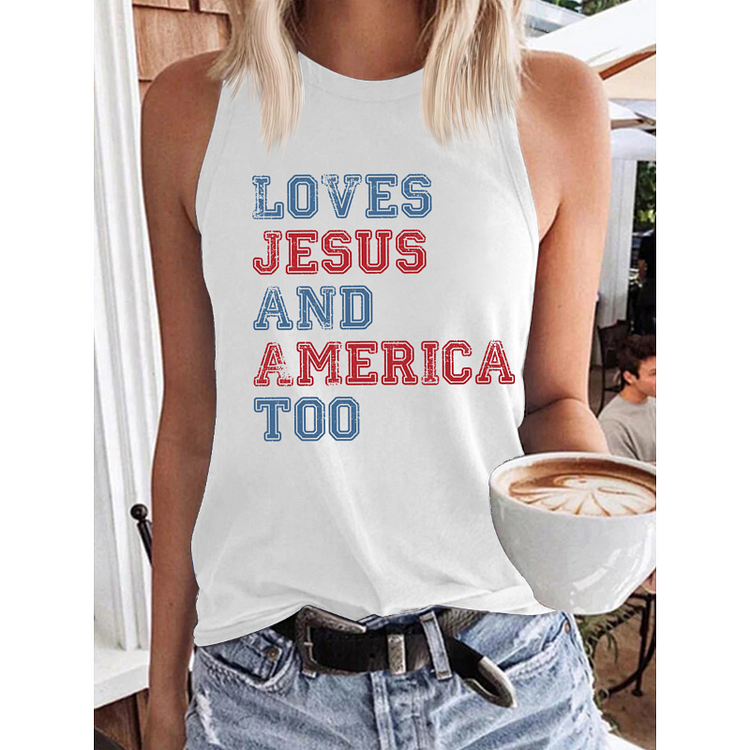 Women's Loves Jesus And America Too Print Round neck Tank Top socialshop