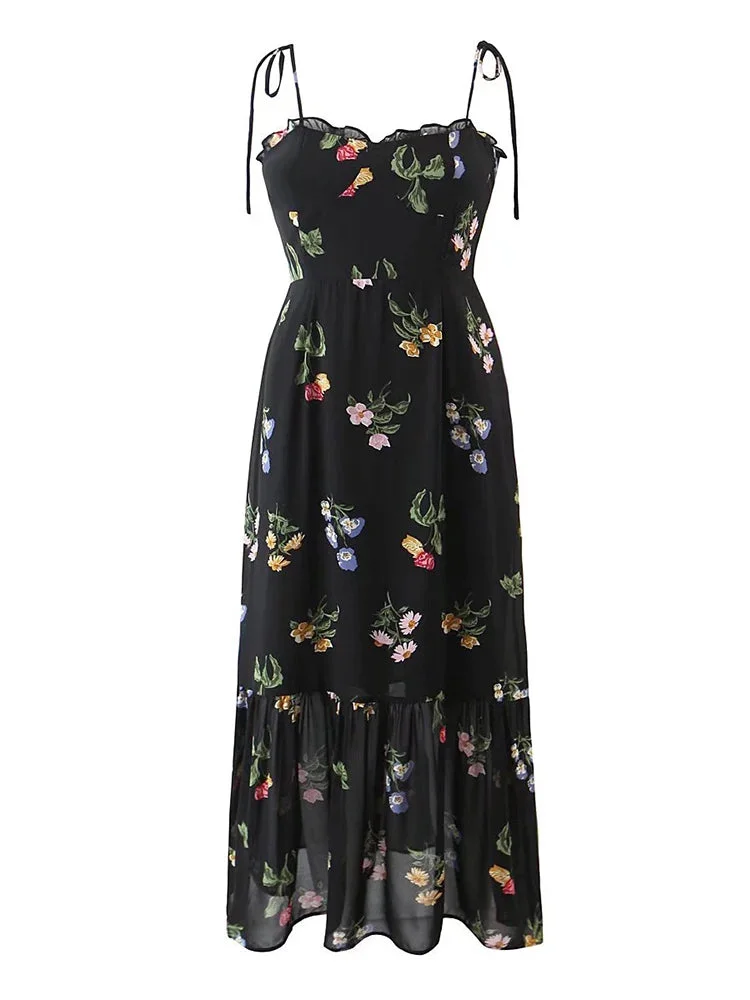 Tlbang Summer Fashion Women French Style Floral Print Sling Chiffon Dress Vintage Black Female Midi Robe Prairie Chic Vestido