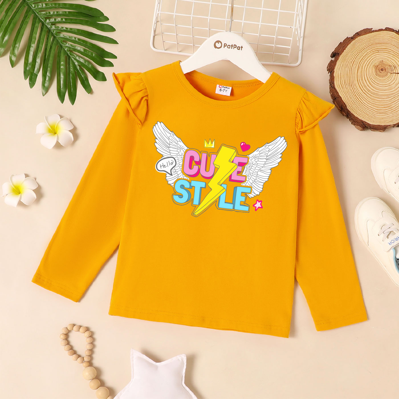 Kids Girl Graphic Letter Print Long-sleeve Ruffled Tee