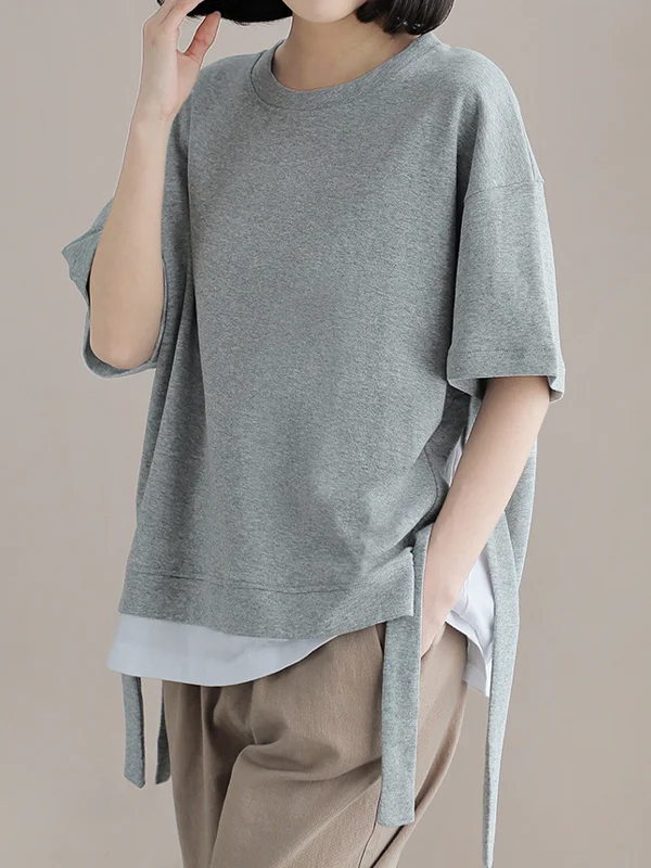 Solid Color Round Neck Short Sleeve Loose Casual T-Shirt