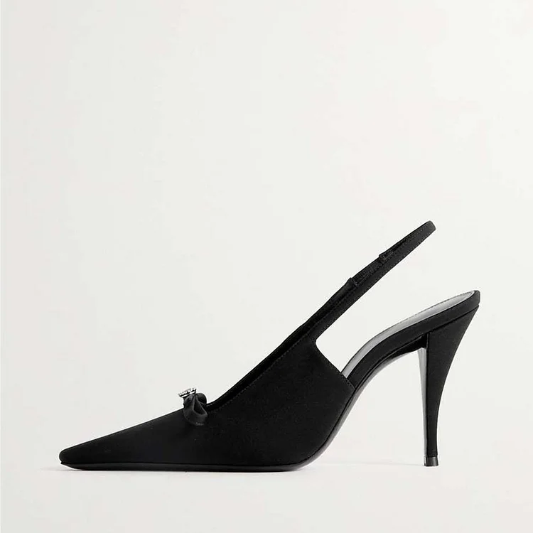Pointy Toe Slingback Heels Crystal Embellished Bow Black Pumps |FSJ Shoes
