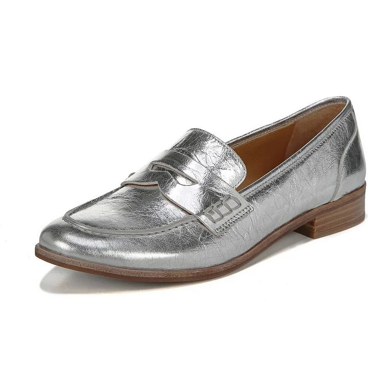 Silver Slip-On Casual Shoes Round Toe Flat Penny Loafers for Women |FSJ Shoes
