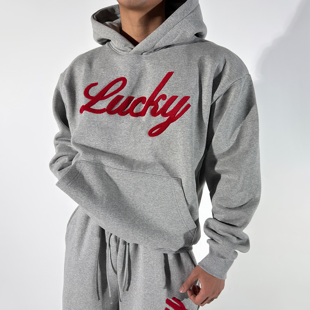 Red 'Lucky' Embroidery Casual Hoodie